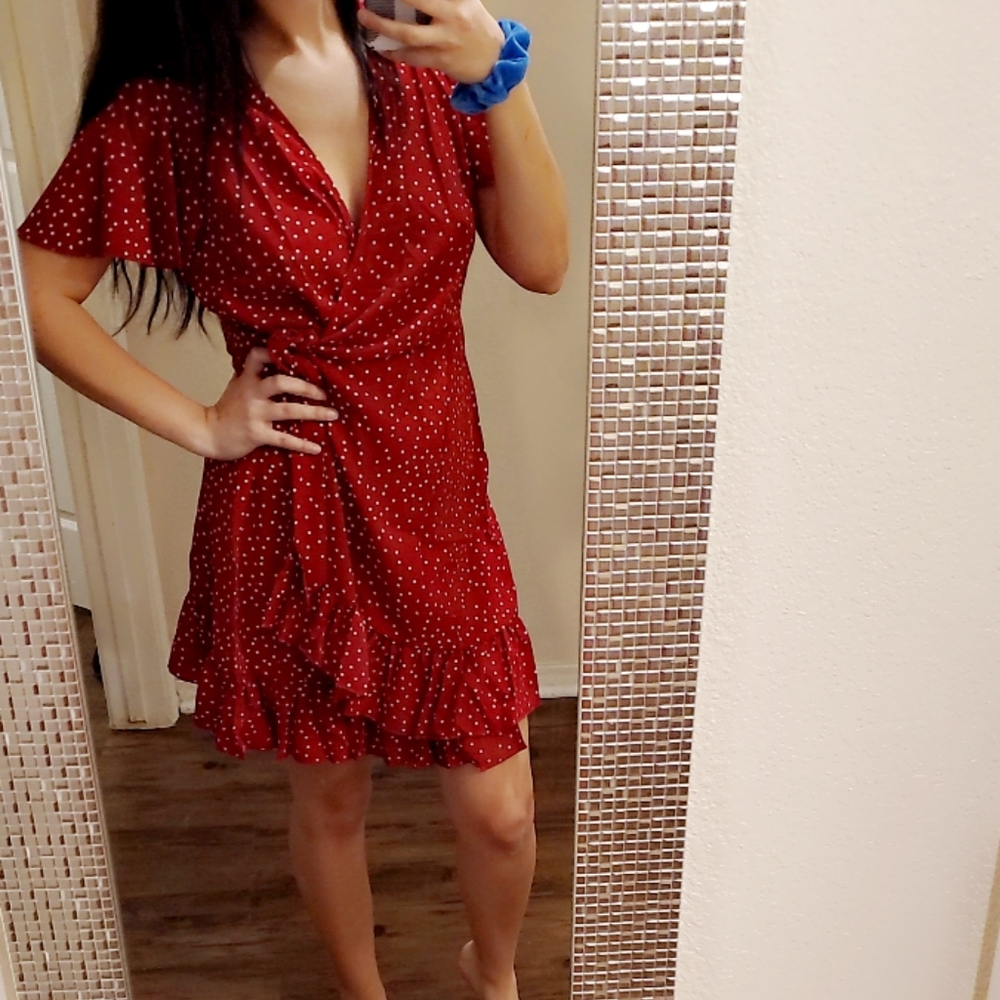 Relipop red poka dot wrap tie dress